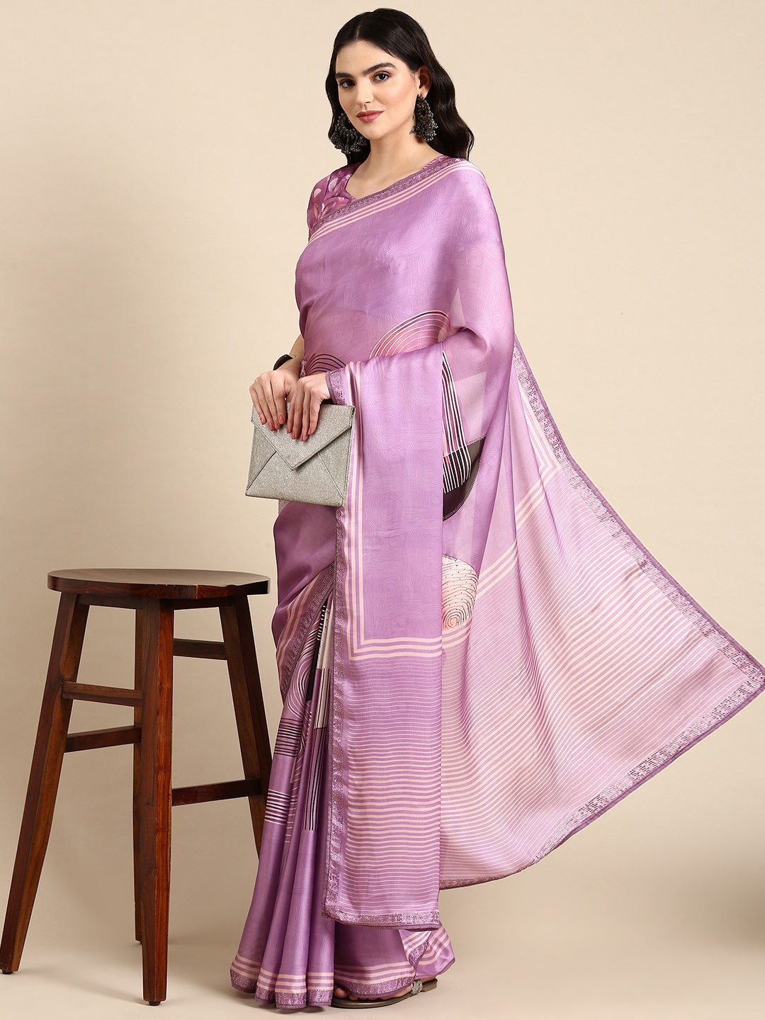 

Mitera Geometric Print Beads & Stones Satin Pure Georgette Saree, Purple