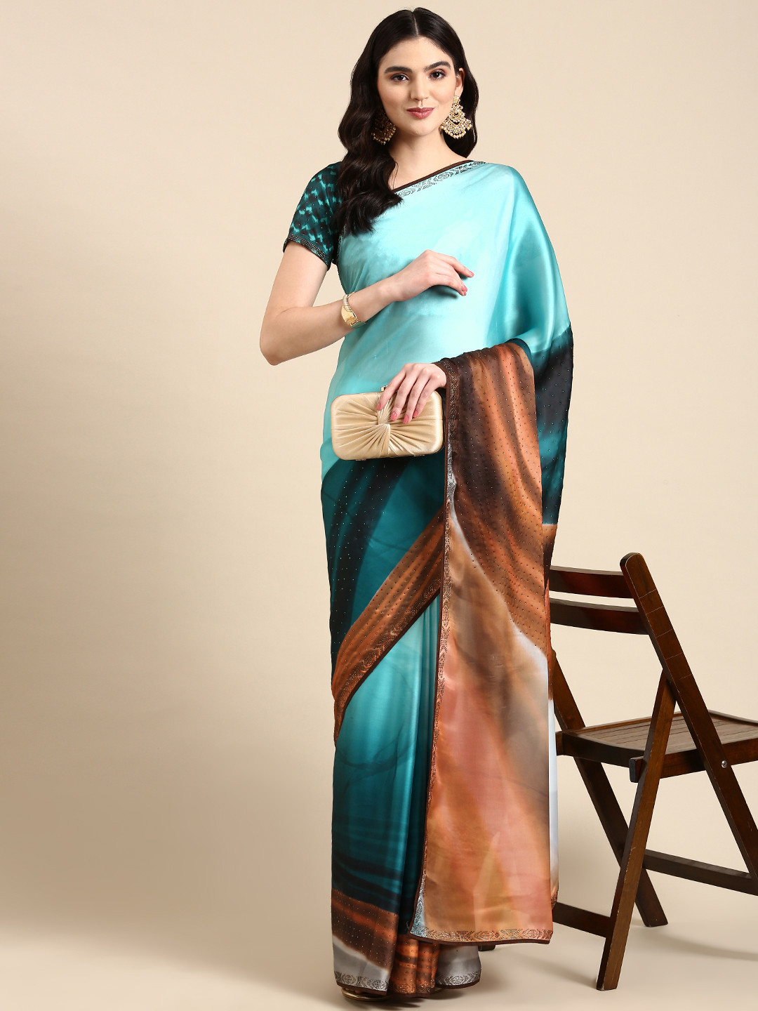 

Mitera Abstract Print Beads & Stones Satin Pure Georgette Saree, Blue