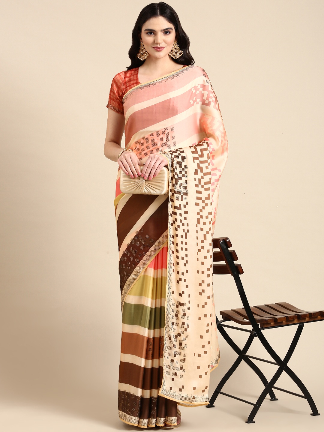 

Mitera Striped Beads & Stones Satin Pure Georgette Saree, Beige