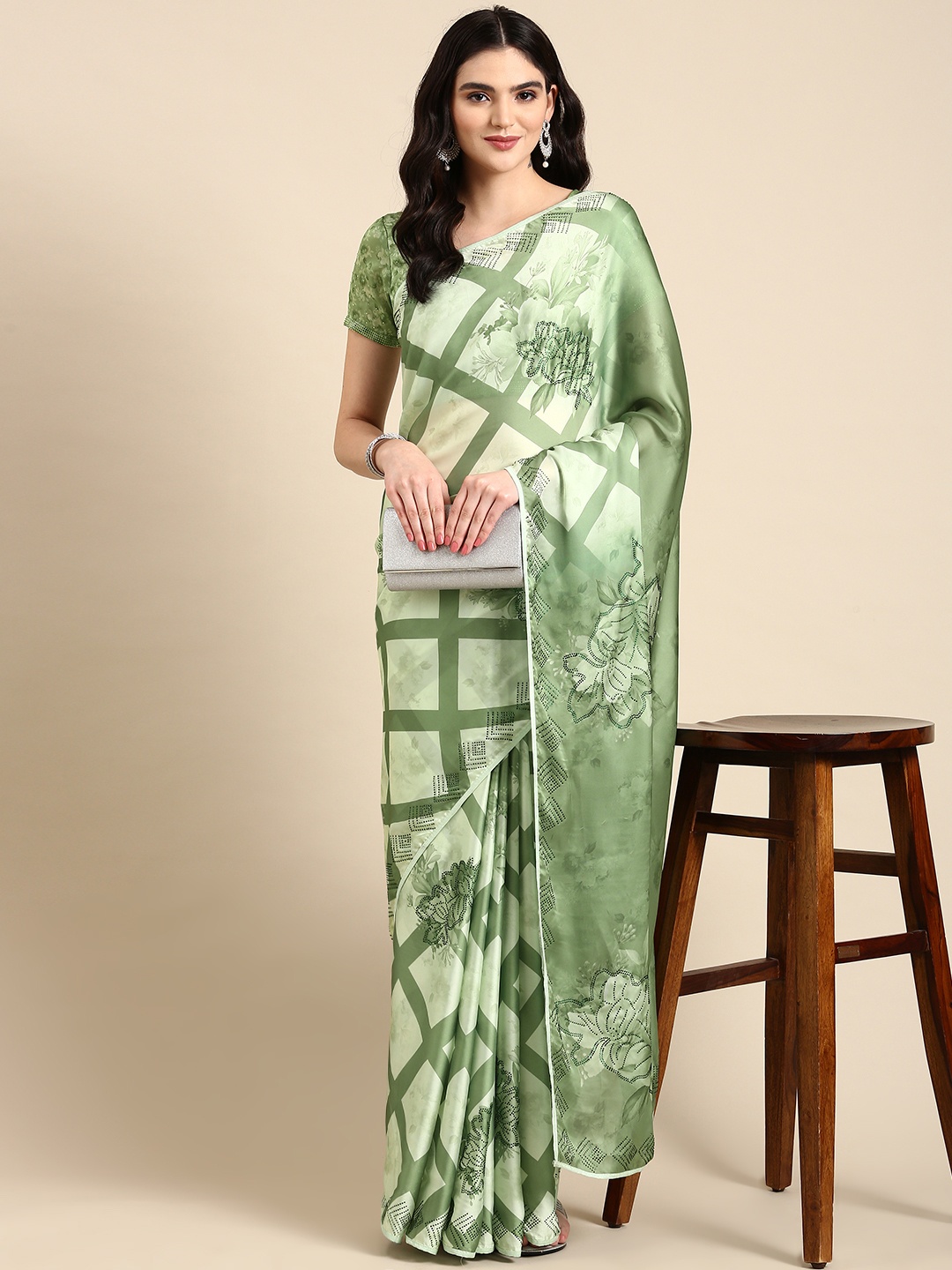 

Mitera Checked Beads & Stones Satin Pure Georgette Saree, Green