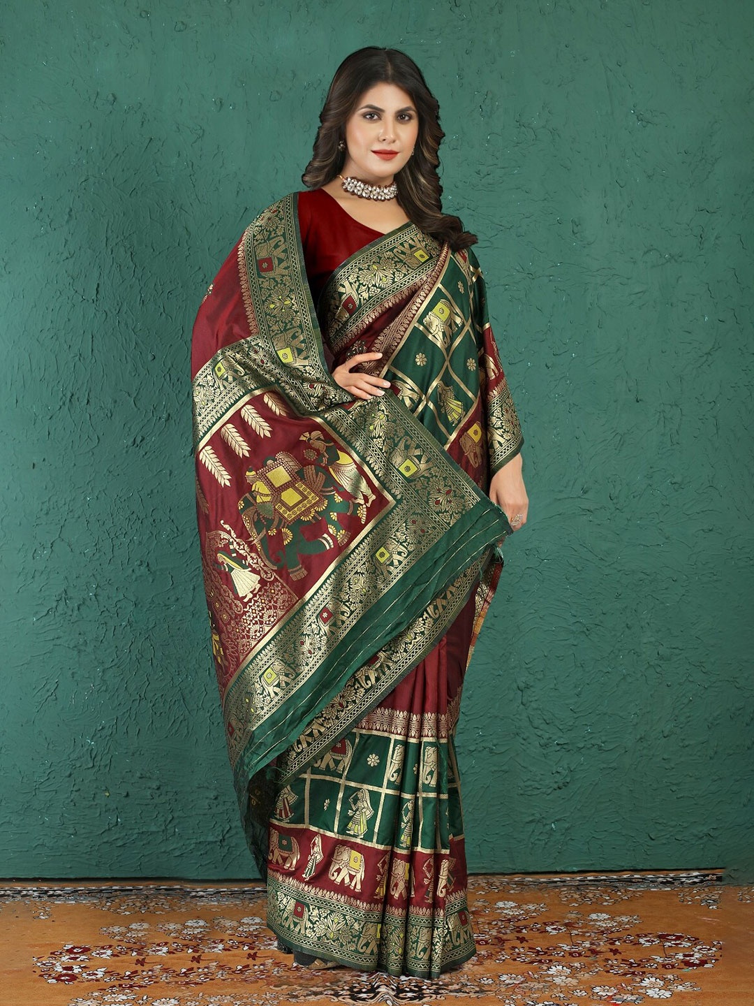

AVANTIKA FASHION Ethnic Motifs Woven Design Zari Pure Silk Patola Saree, Maroon