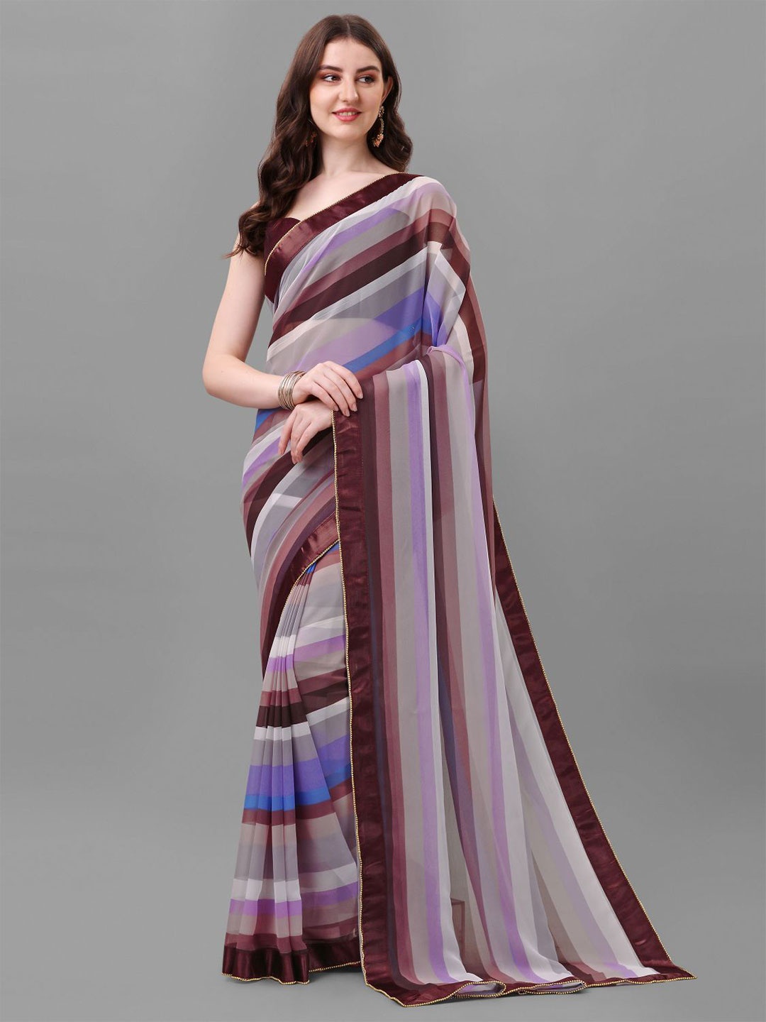 

B4ME.COM Striped Pure Georgette Saree, Brown