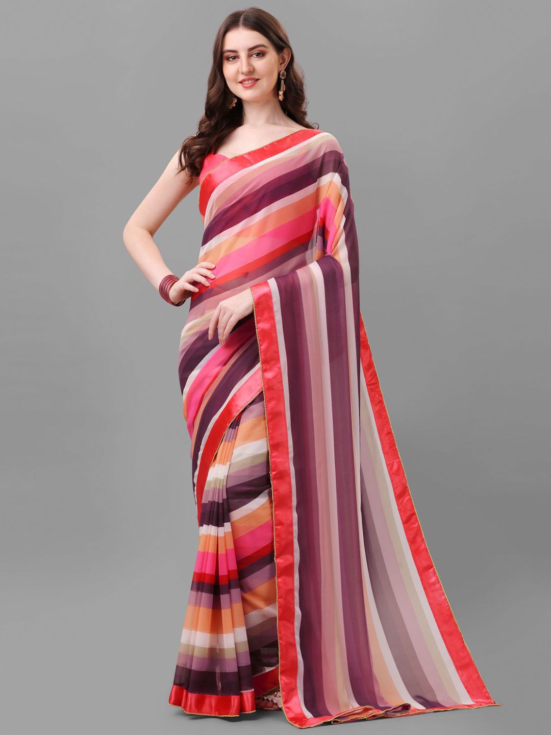 

B4ME.COM Striped Pure Georgette Leheriya Saree, Pink