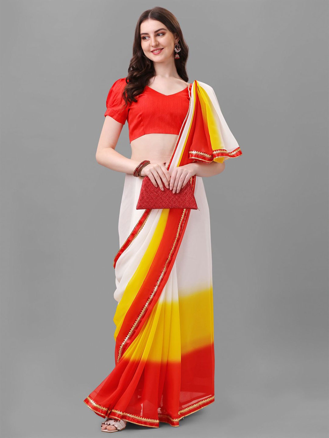 

B4ME.COM Colourblocked Pure Georgette Saree, Red