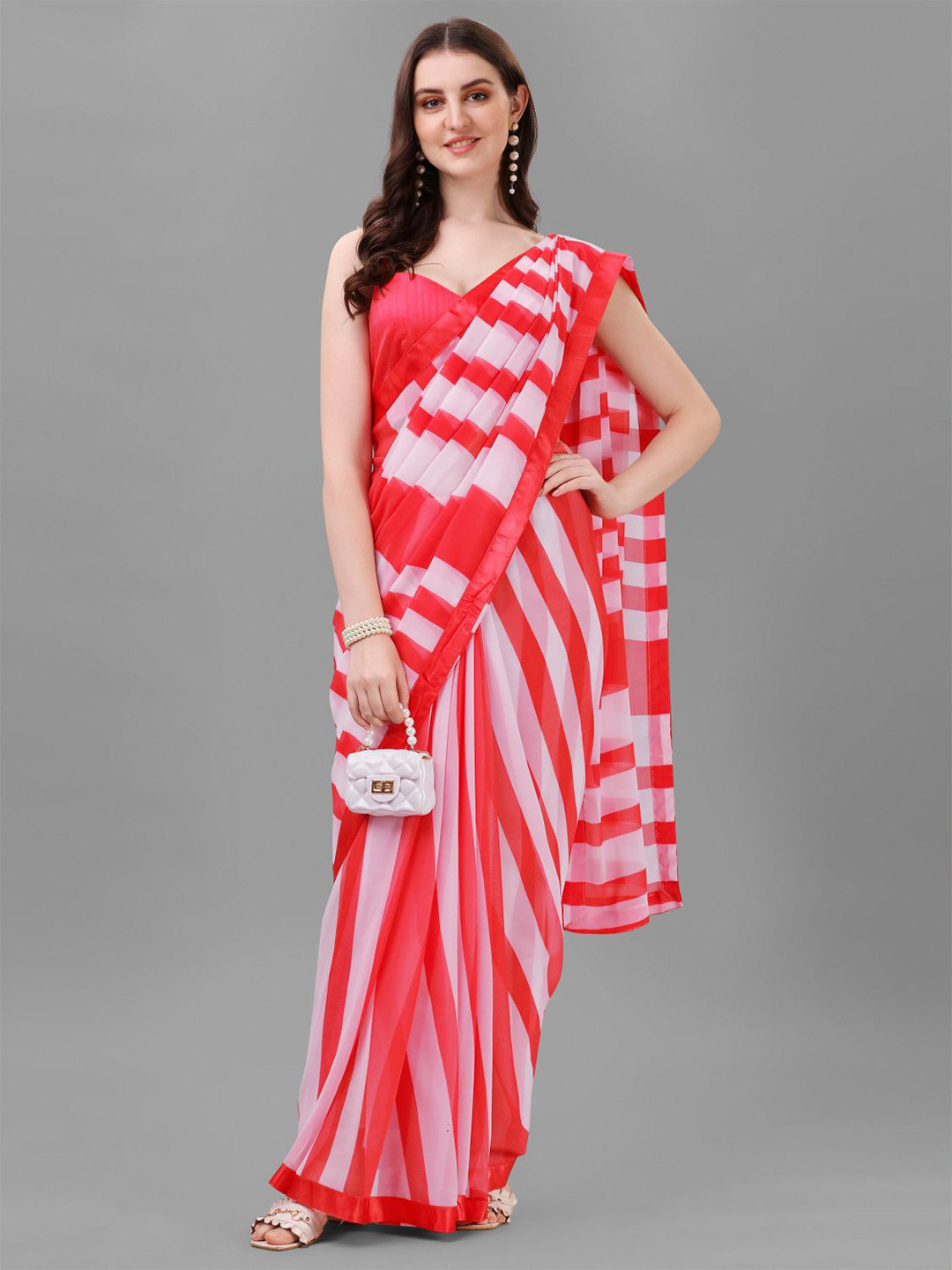 

B4ME.COM Striped Pure Georgette Saree, Pink
