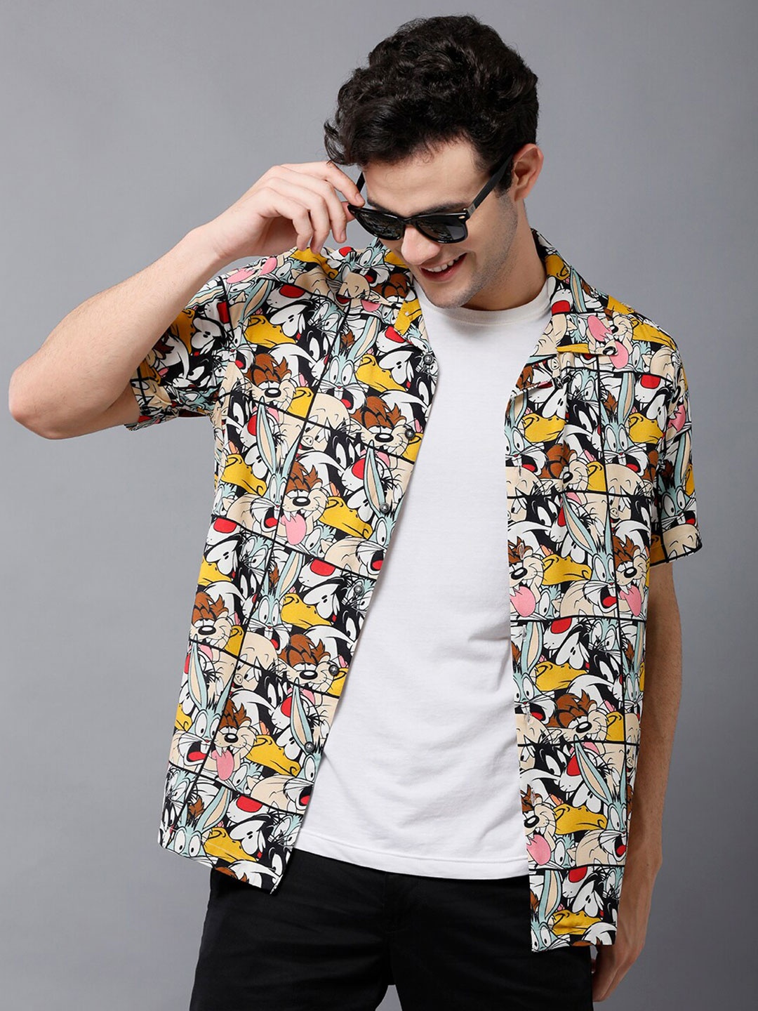 

YOVISH Men Premium Looney Tunes Opaque Printed Cotton Casual Shirt, Black