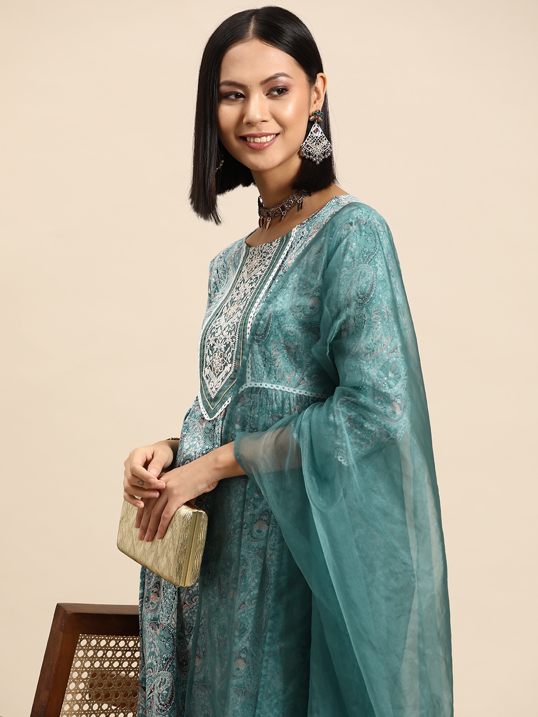 Sangria Women Ethnic Motifs Printed Regular Thread Work Kurta with Trousers & Dupatta, Teal
