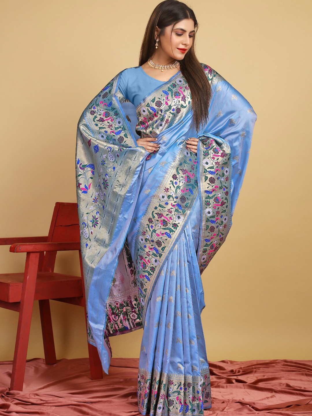 

AVANTIKA FASHION Ethnic Motifs Woven Design Zari Pure Silk Paithani Saree, Lavender