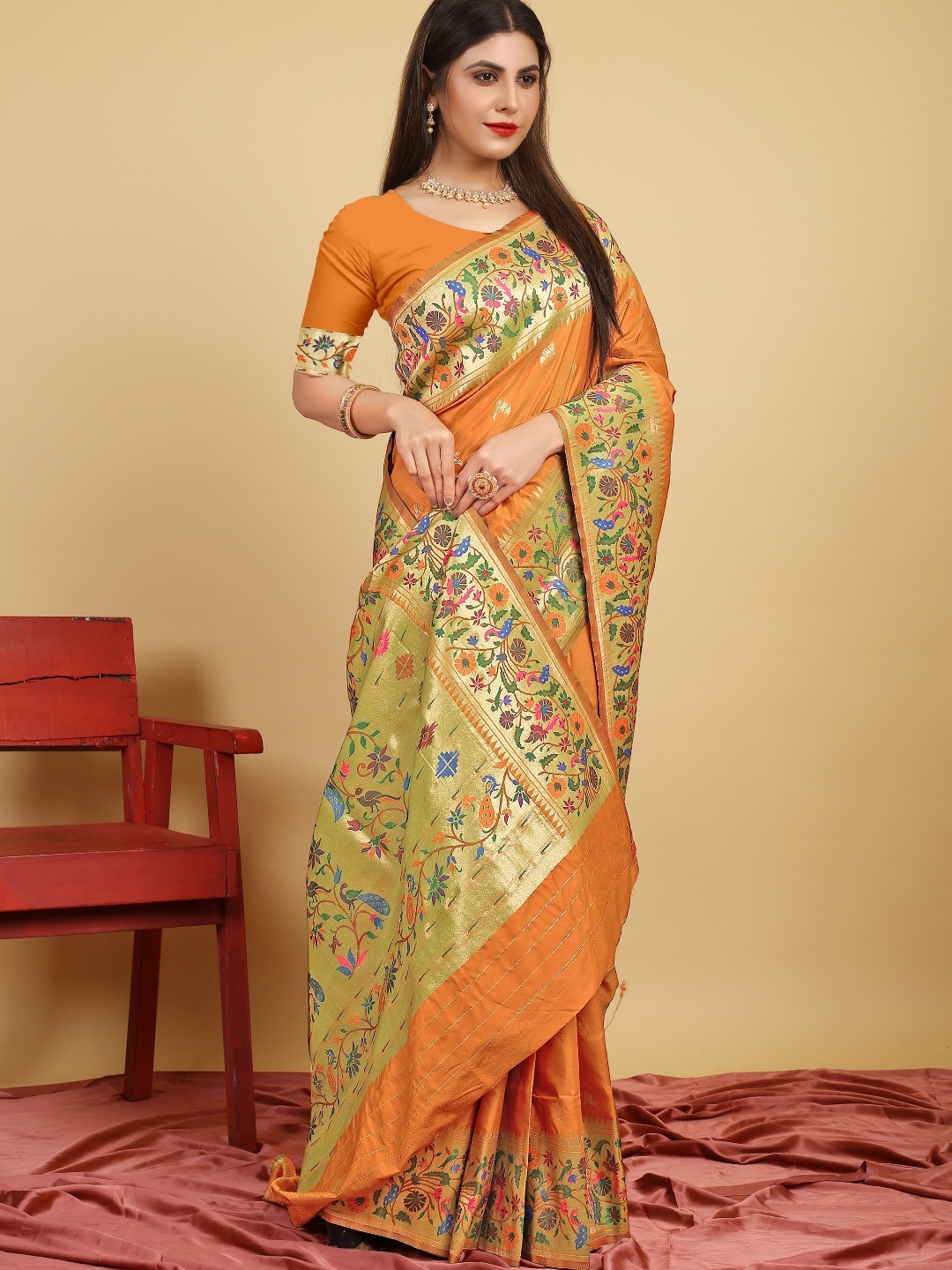 

AVANTIKA FASHION Ethnic Motifs Woven Design Zari Pure Silk Paithani Saree, Mustard
