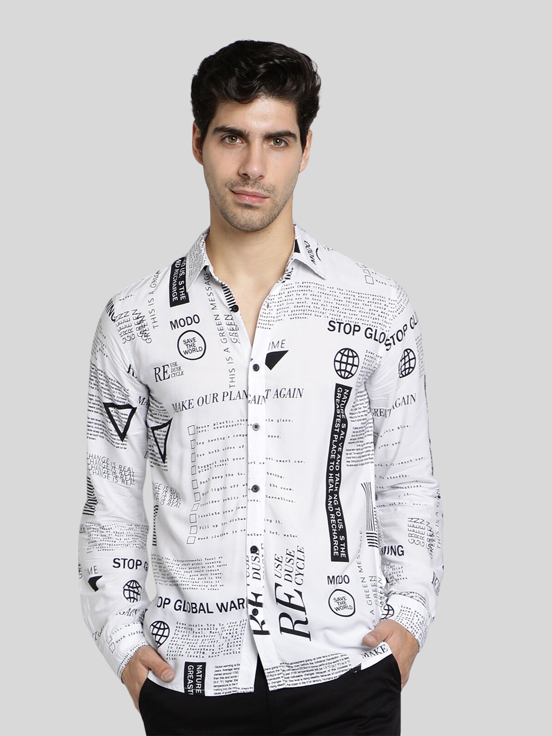 

NUEVOSDAMAS Typography Printed Casual Shirt, White