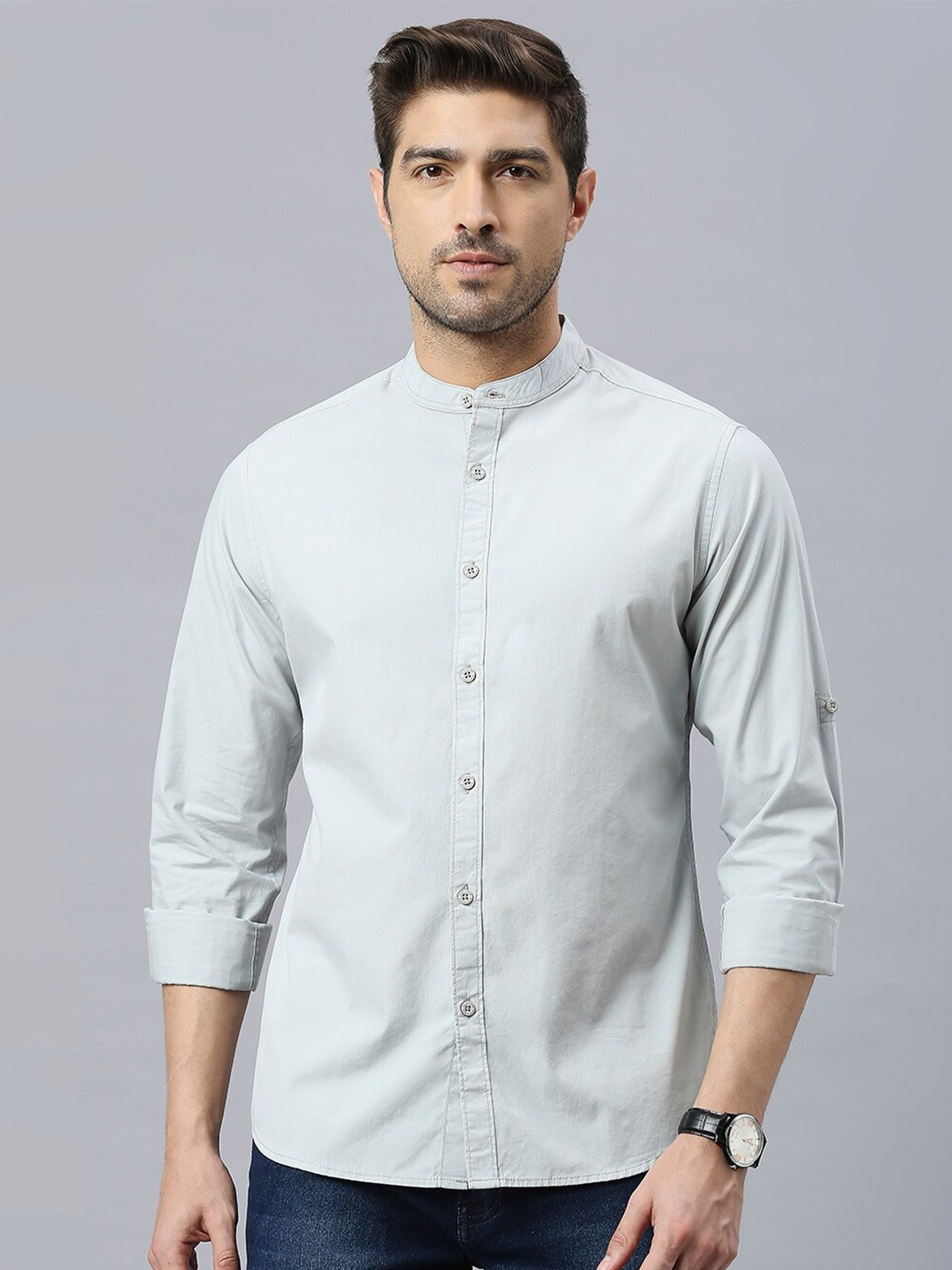 

HERE&NOW Grey Band Collar Classic Slim Fit Pure Cotton Casual Shirt