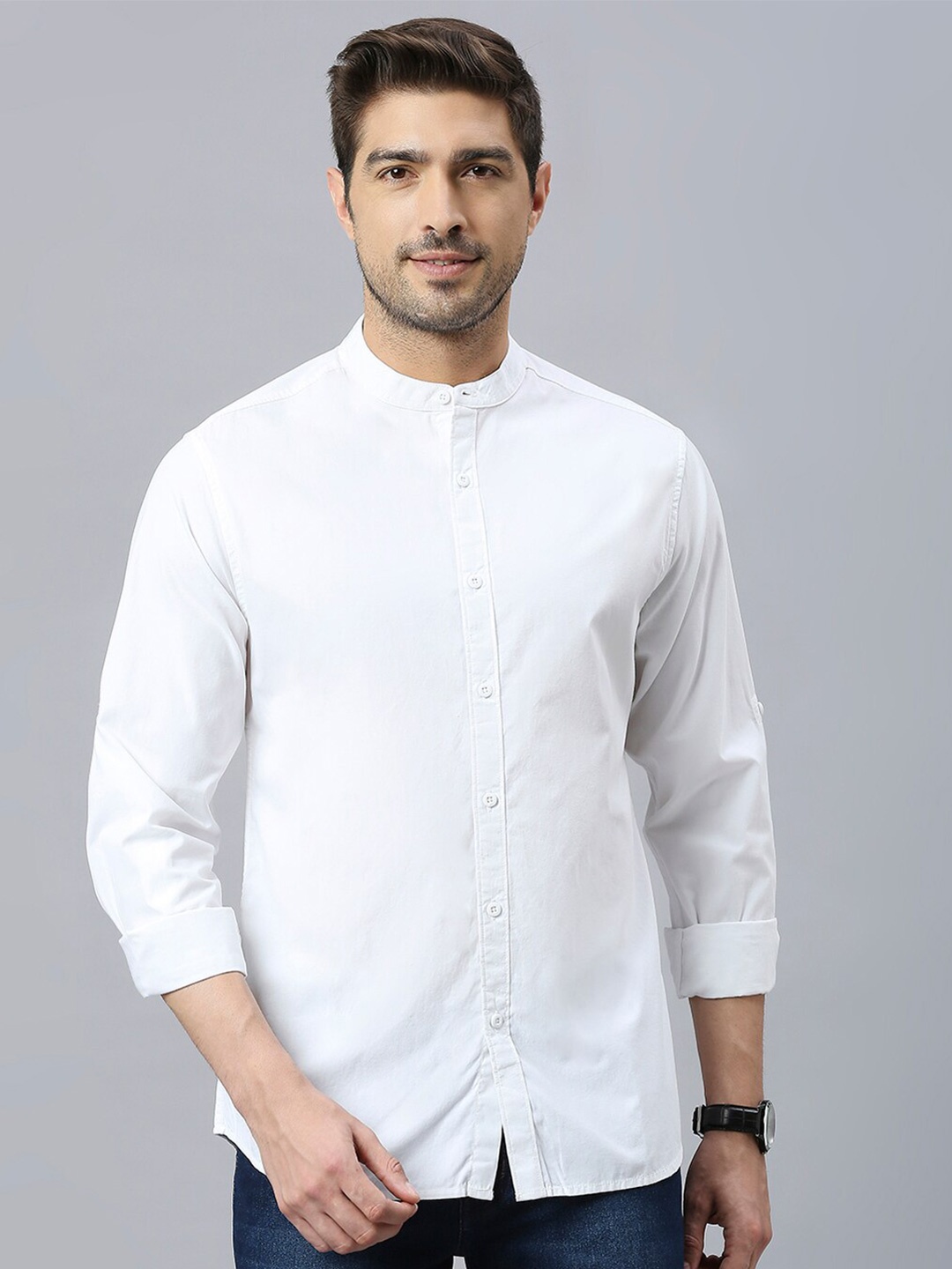 

HERE&NOW White Band Collar Classic Slim Fit Casual Pure Cotton Shirt