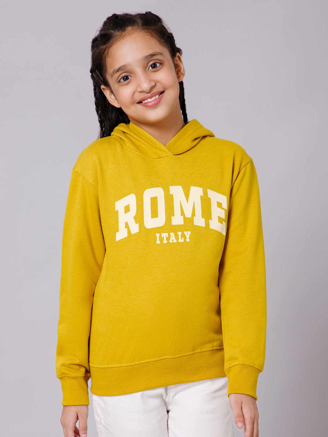 Alan Jones Girls Typography Printed Hooded Sweatshirt, Yellow