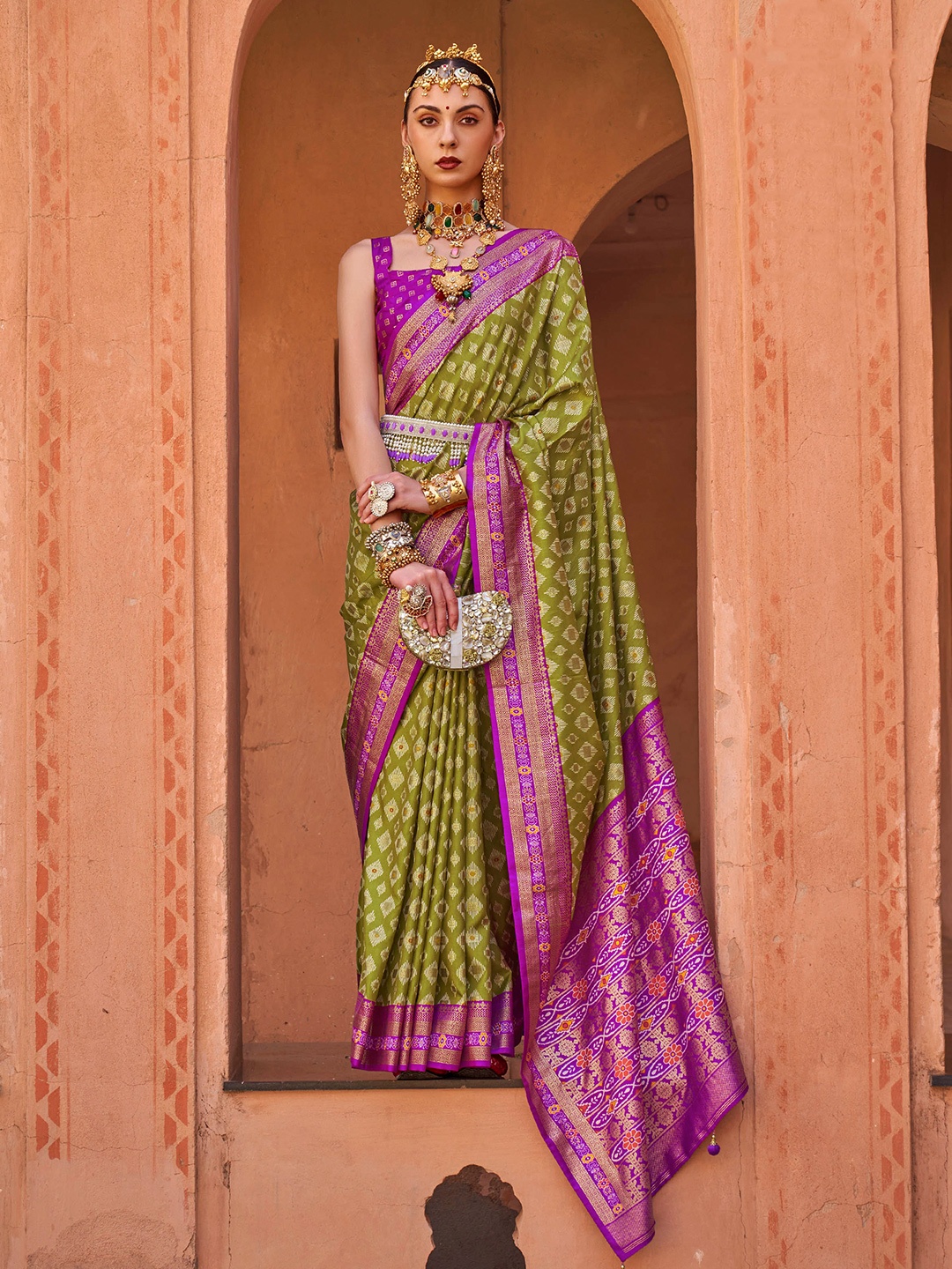 

Mitera Olive Green & Pink Ethnic Motifs Printed Zari Patola Saree