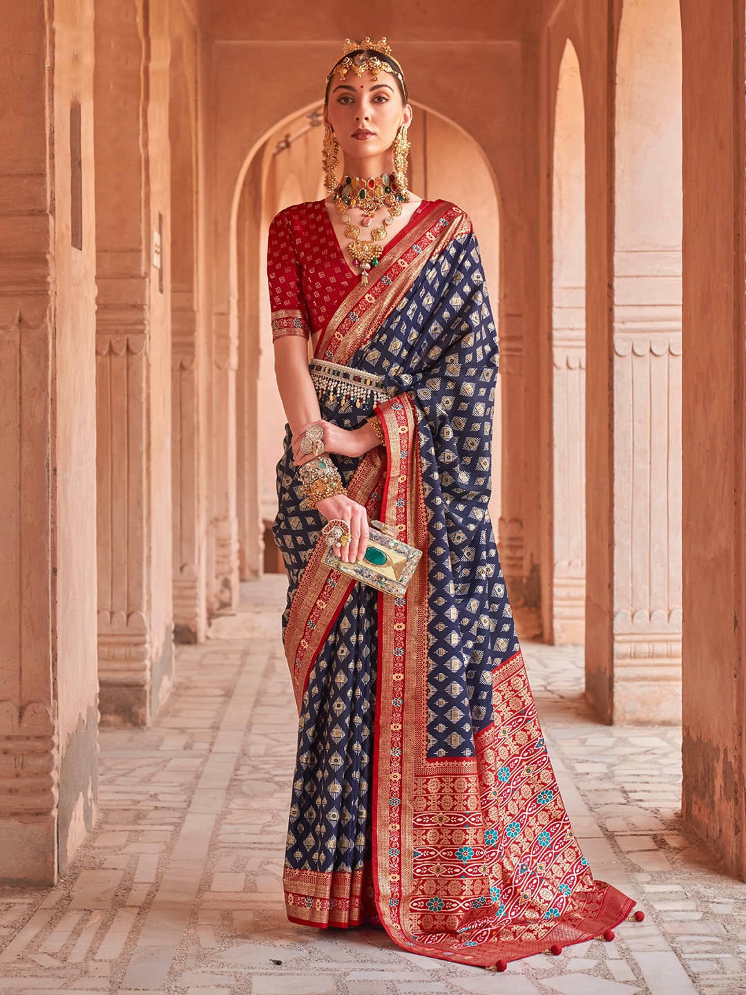 

Mitera Navy Blue & Red Geometric Woven Design Zari Silk Blend Patola Saree