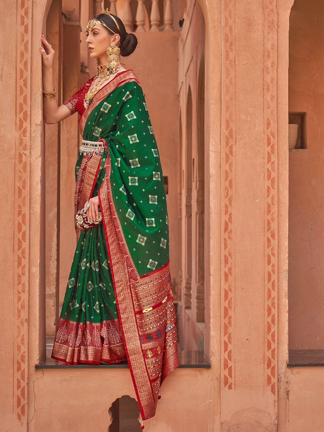 

Mitera Green & Red Printed Silk Blend Patola Saree