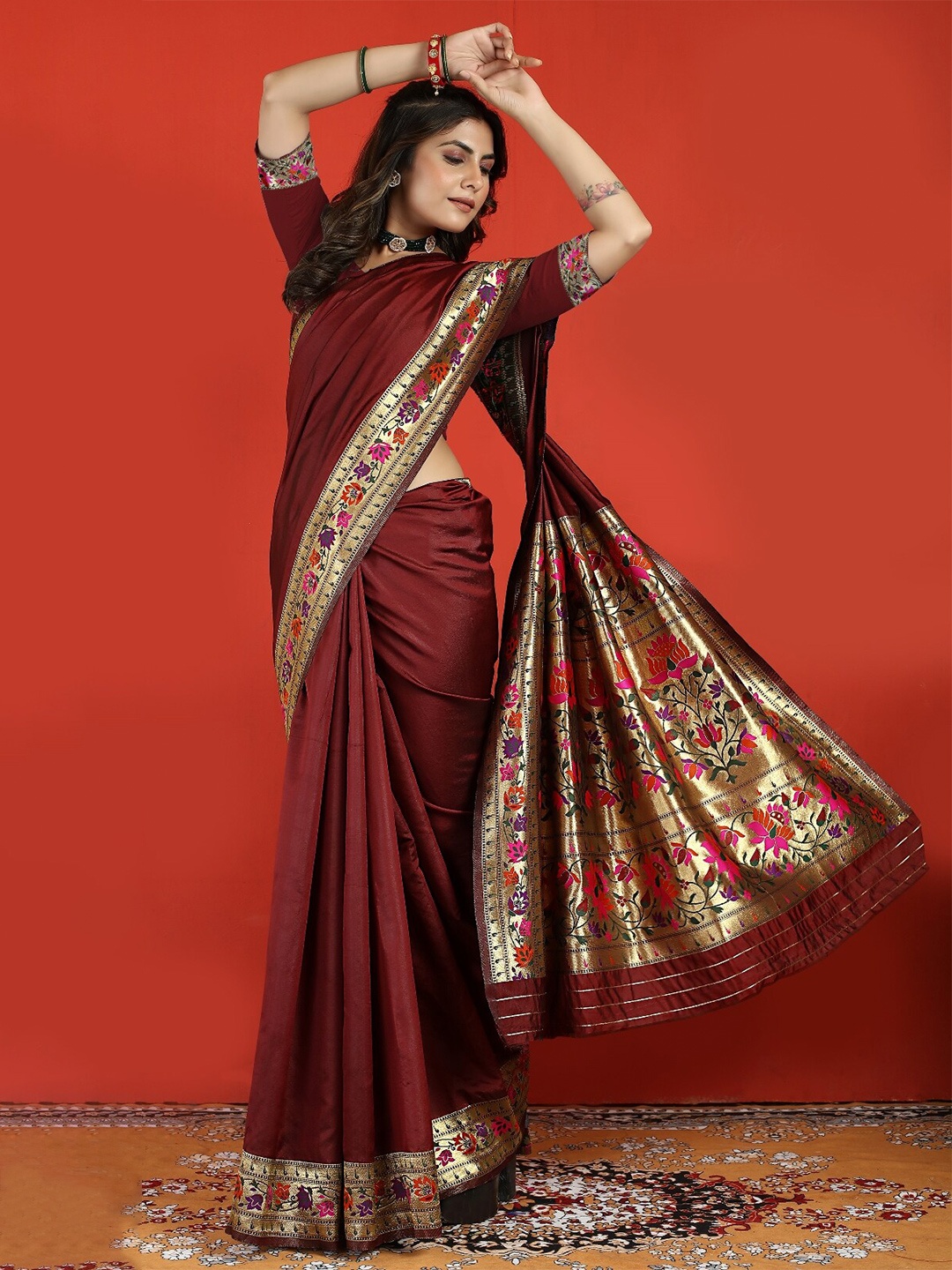 

AVANTIKA FASHION Ethnic Motifs Woven Design Zari Pure Silk Paithani Saree, Maroon