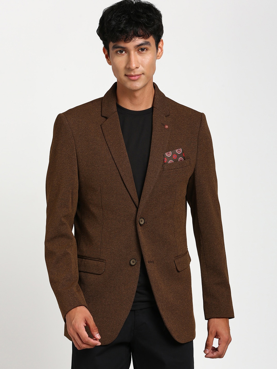 

Turtle Self-Design Single Breasted Slim-Fit Blazer, Brown