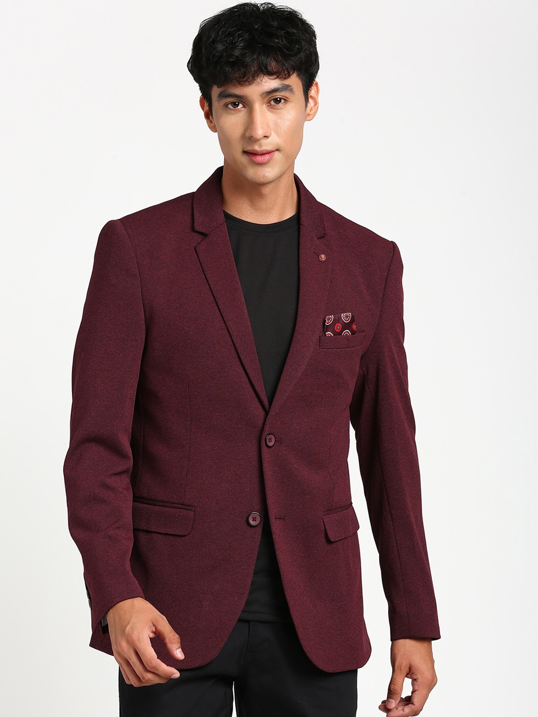 

Turtle Self-Design Slim-Fit Single-Breasted Casual Blazers, Maroon