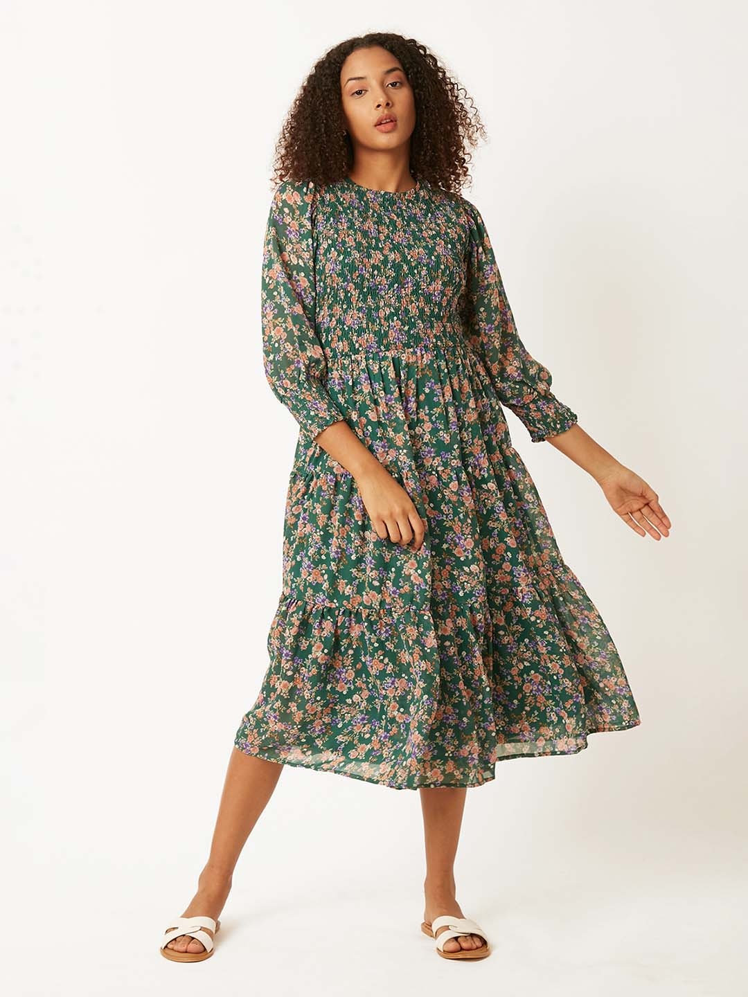 

FOREVER 21 Floral Print Smocked Fit & Flare Midi Dress, Green