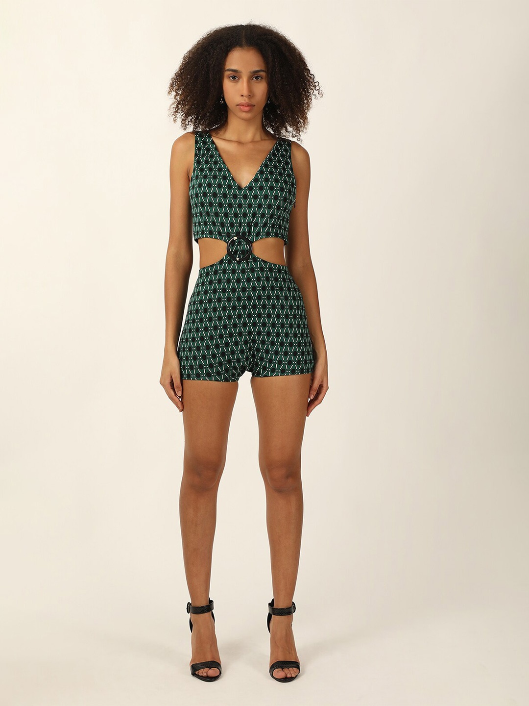 

FOREVER 21 Green Geometric Printed V-Neck Sleeveless Playsuit