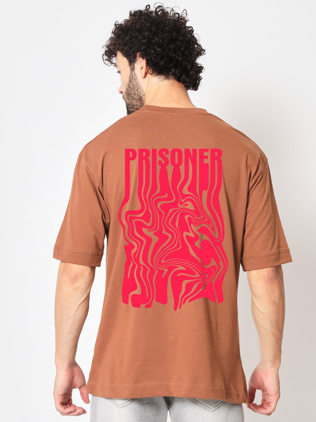 

Imsa Moda Abstract Printed Drop Shoulder Sleeves Cotton Oversized T-shirt, Brown