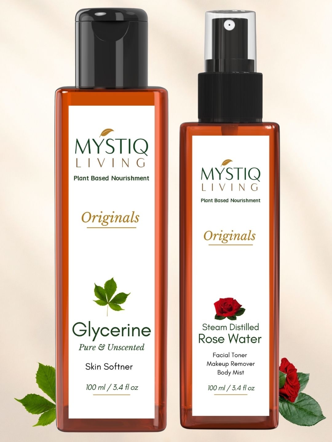 

MYSTIQ LIVING Originals Glycerine Skin Softener 100ml & Rose Water Facial Toner 100ml, Brown