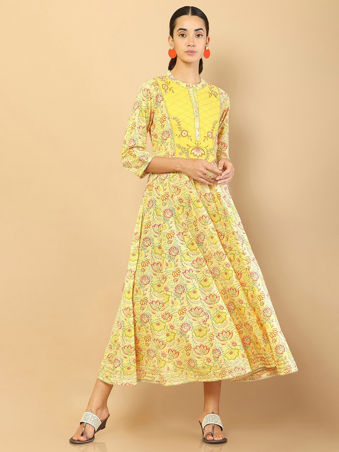 

Soch Yellow & Red Ethnic Motifs Printed Embellished Midi Fit & Flare Dress