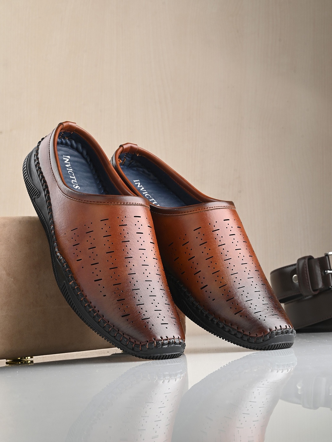 

INVICTUS Men Square Toe Perforations Lightweight Basics Mojaris With Laser Cuts, Tan