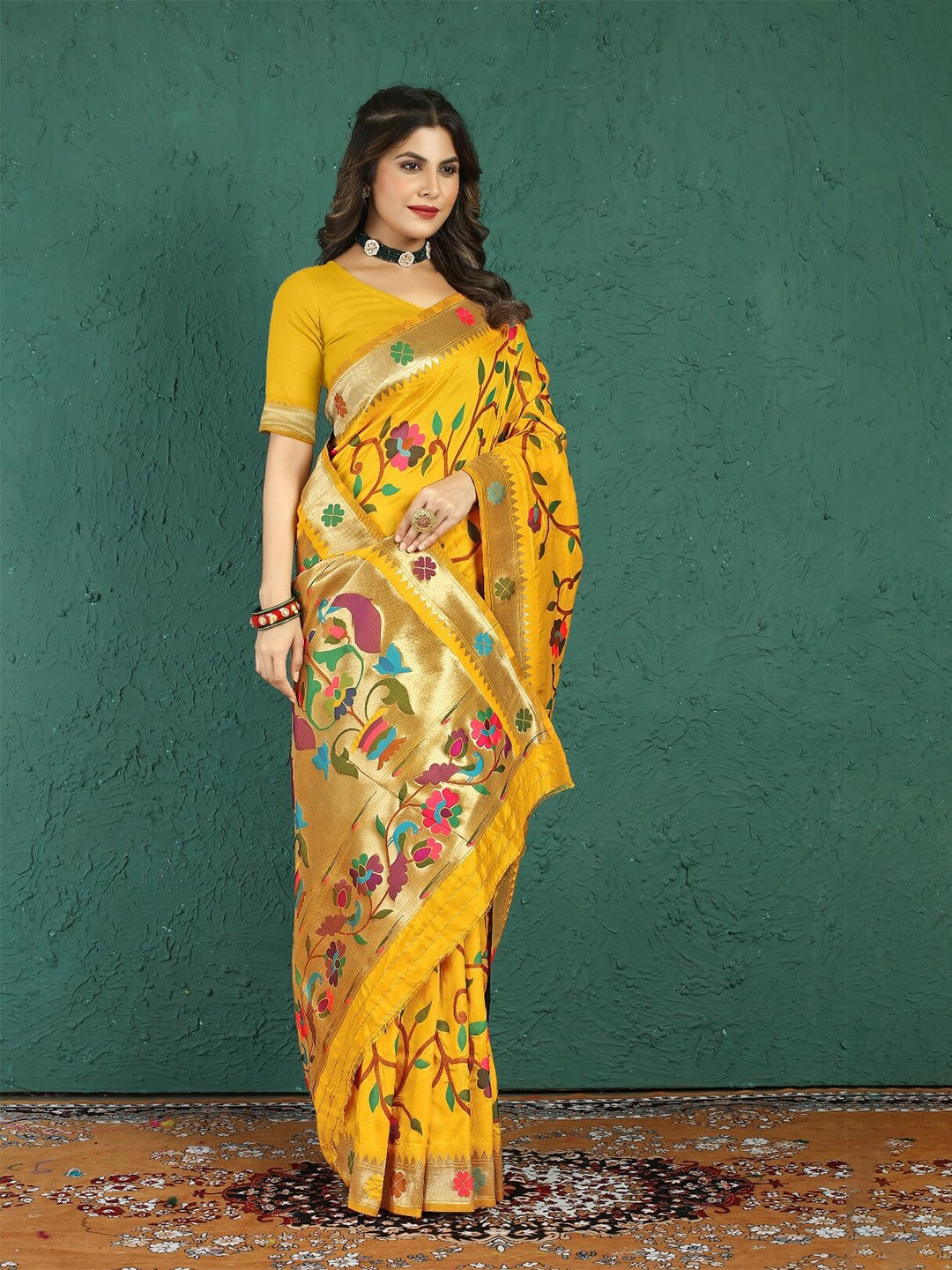 

AVANTIKA FASHION Ethnic Motif Woven Design Zari Pure Silk Paithani Saree, Yellow