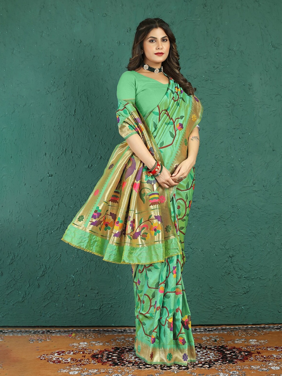 

AVANTIKA FASHION Ethnic Motifs Woven Design Zari Pure Silk Paithani Saree, Sea green