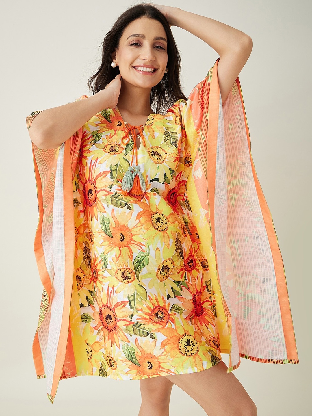 

The Kaftan Company Floral Printed Kaftan Swimwear Cover up Top, Yellow