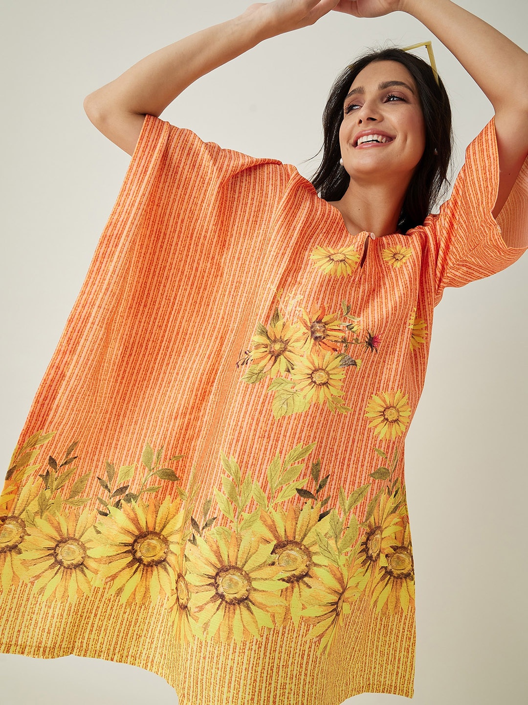 

The Kaftan Company Floral Printed Kaftan Swimwear Cover up Top, Orange