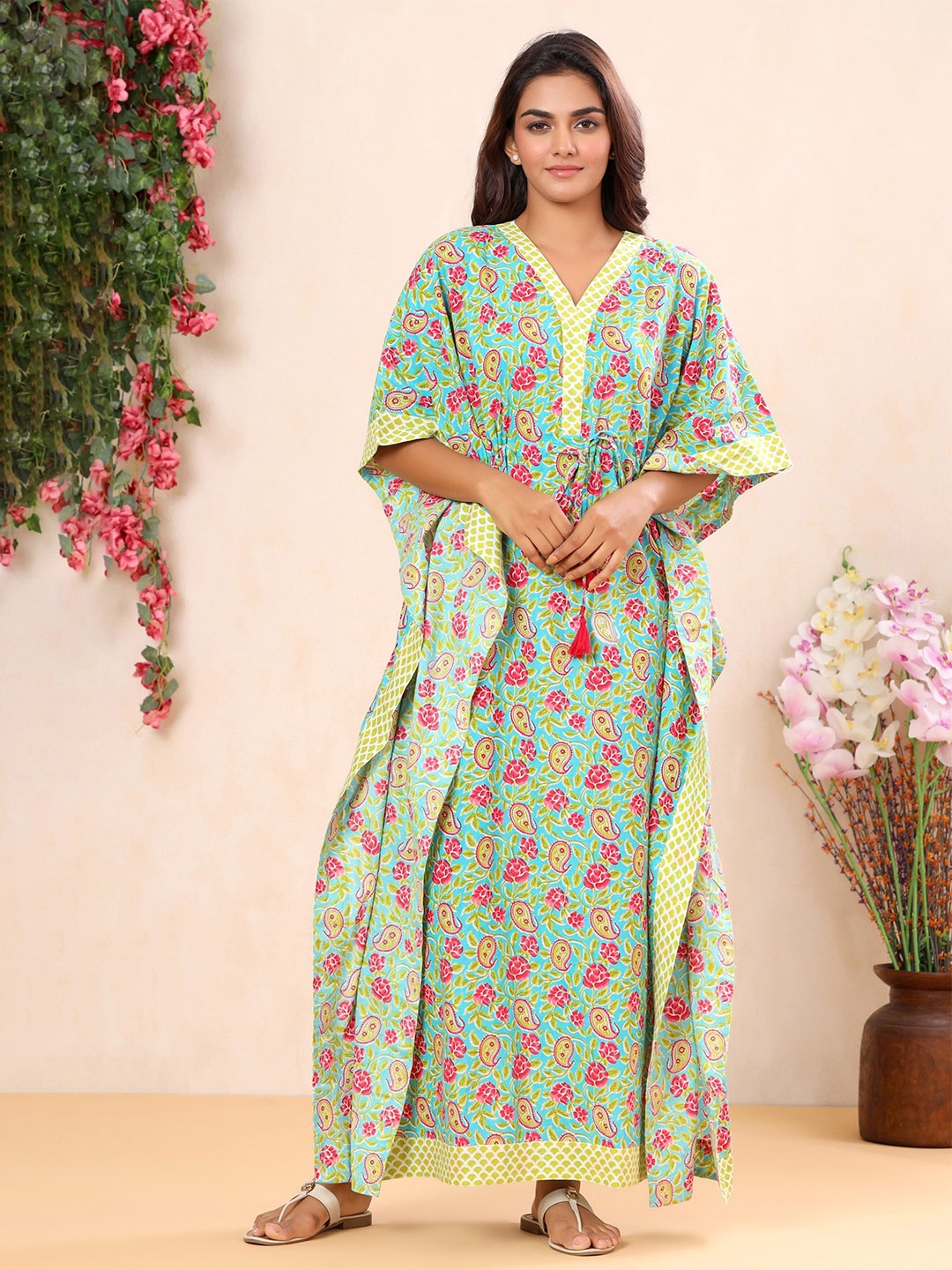 

mirari Ethnic Motifs Printed Long Kaftan Pure Cotton Night Dress, Green