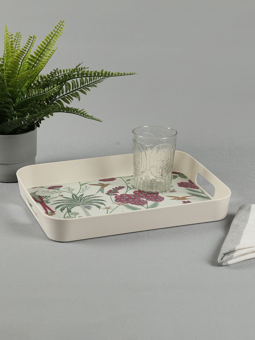 

India Circus by Krsnaa Mehta Cream-Coloured & Green Printed Bamboo Serving Tray