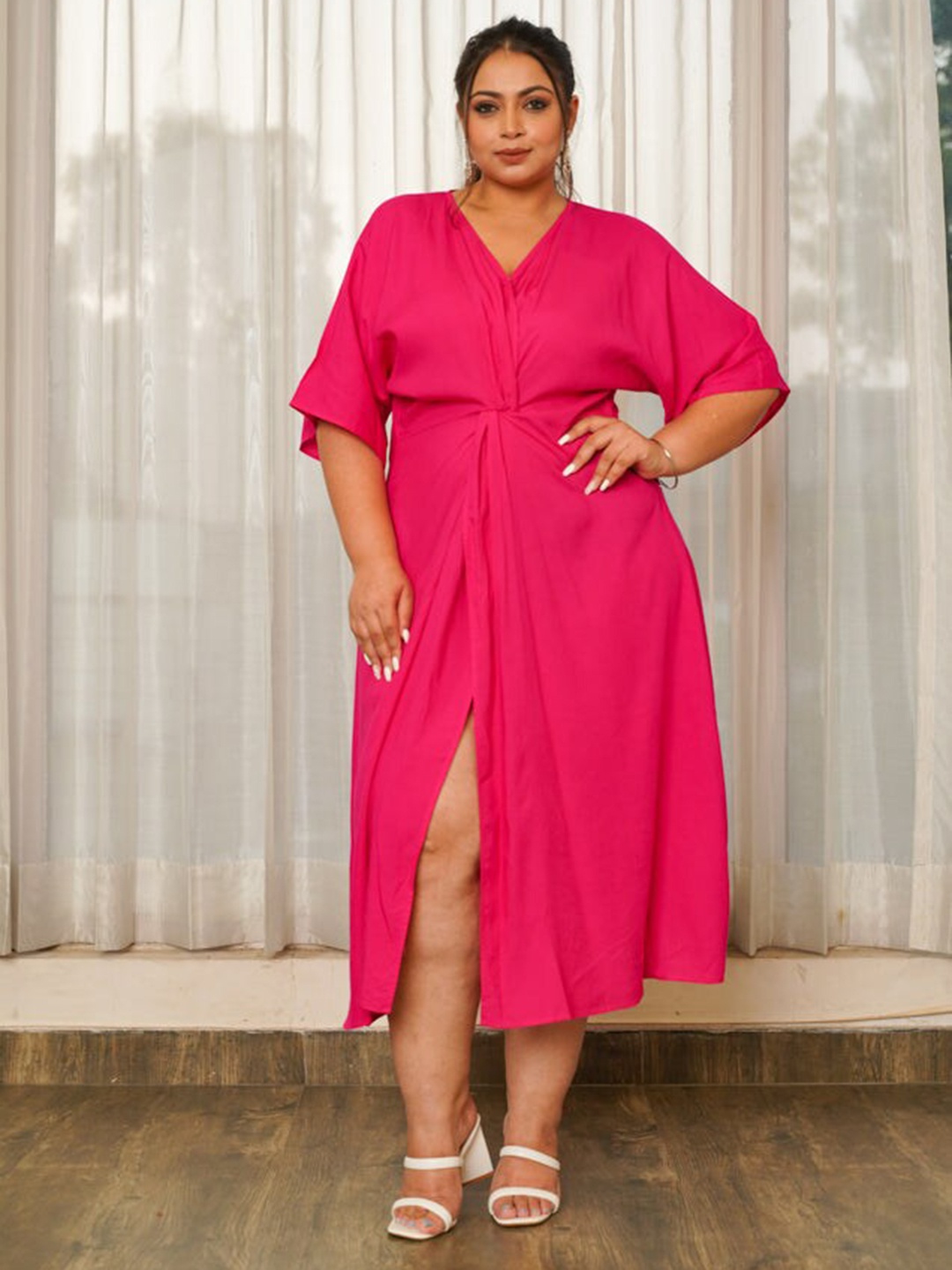 

NANGALIA RUCHIRA Plus Size Extended Sleeves Fit & Flare Midi Dress, Pink