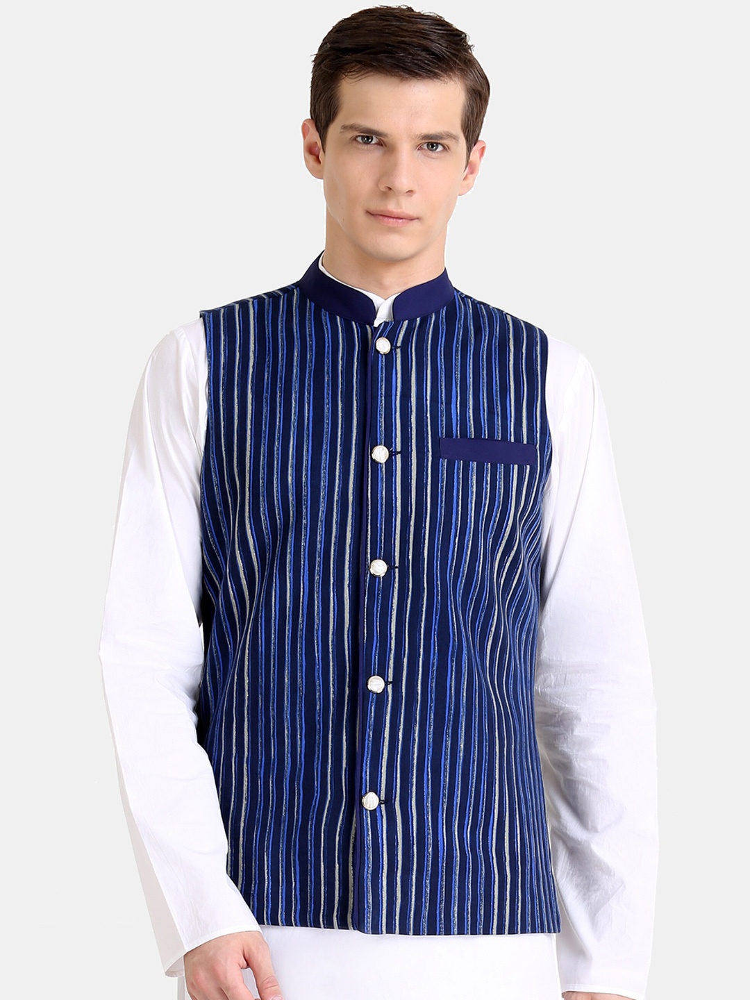 

Raas Striped Nehru Jackets, Blue