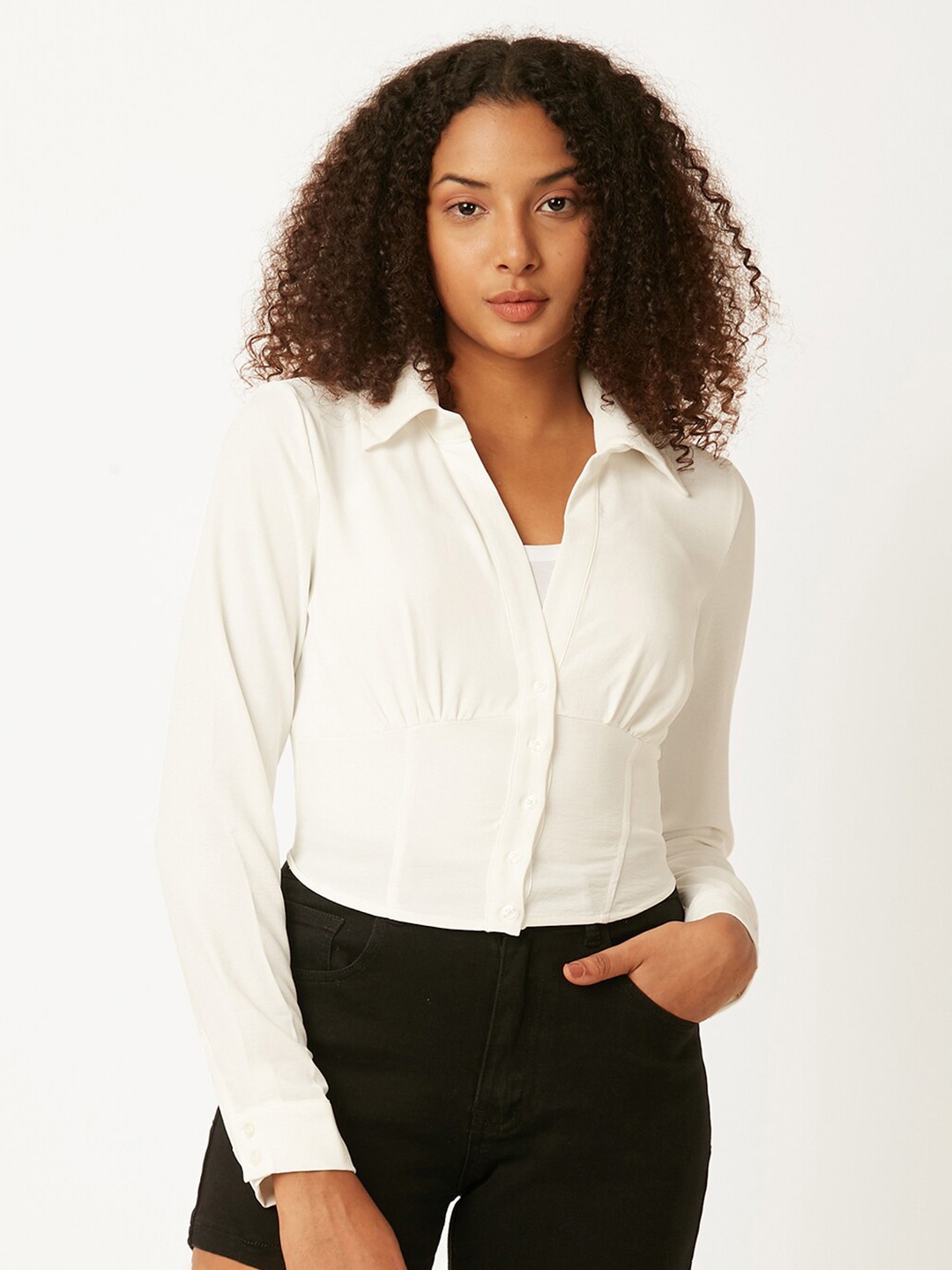 

FOREVER 21 White Spread Collar Casual Shirt