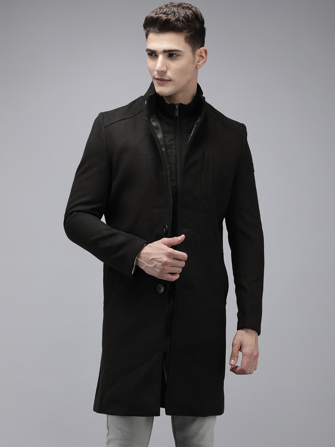 

Arrow Solid Knee Length Long Sleeves Trench Coat, Black