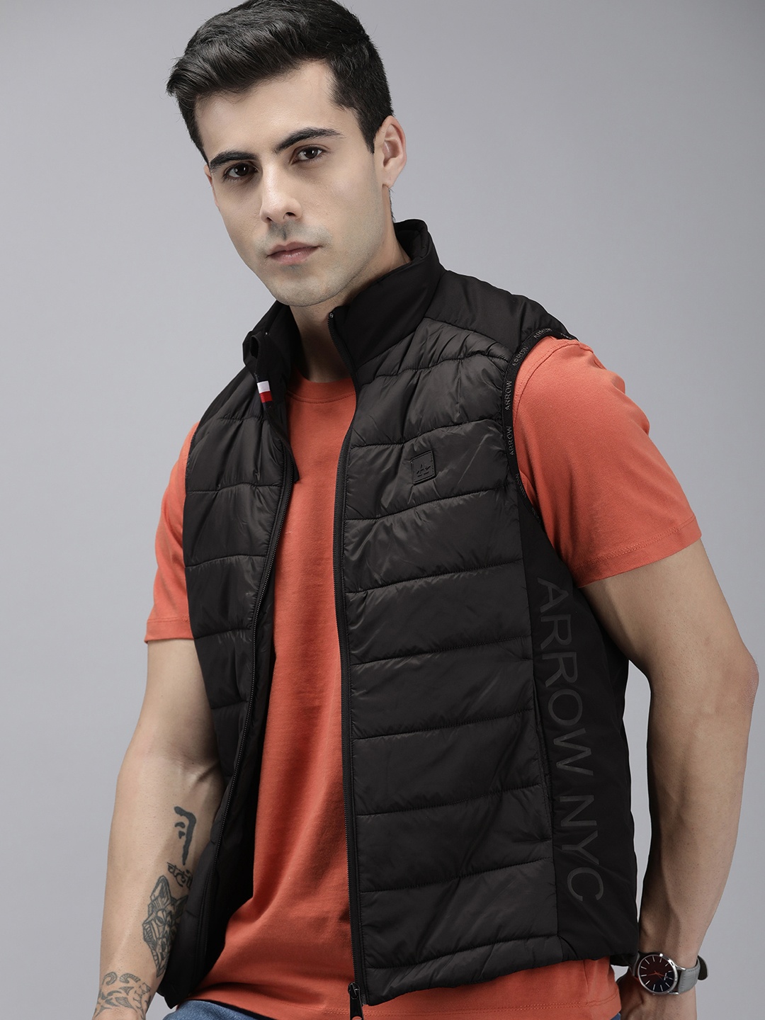 

Arrow Brand Logo Printed Lightweight Puffer Jacket, Black