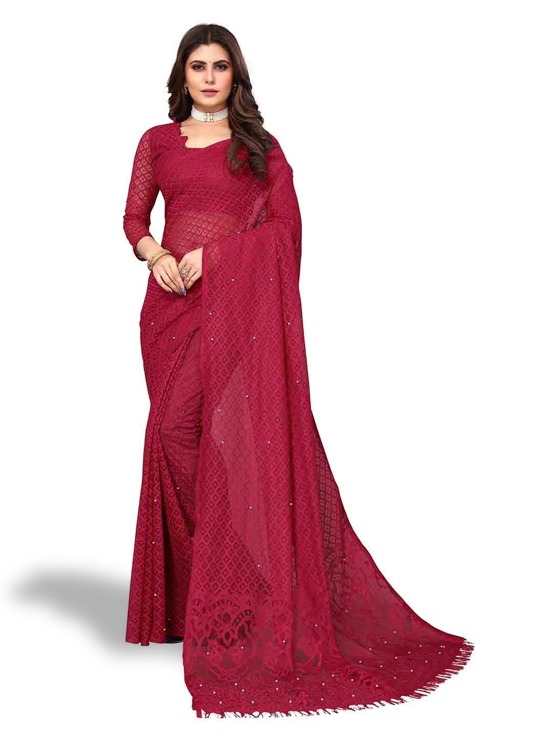 

MAGMINA Woven Design Checked Net Banarasi Saree, Maroon