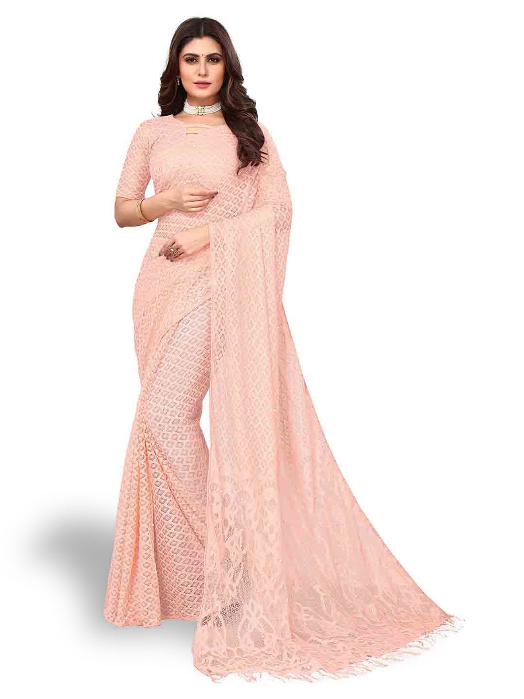

MAGMINA Woven Design Checked Net Banarasi Saree, Peach