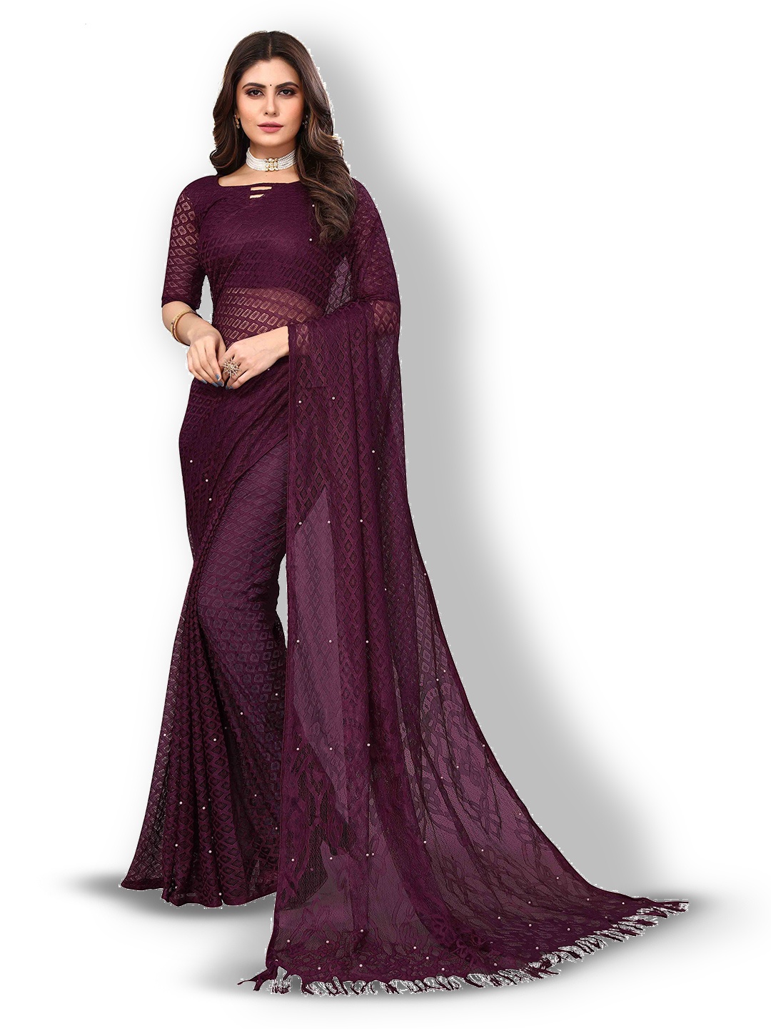 

MAGMINA Woven Design Checked Net Saree, Purple