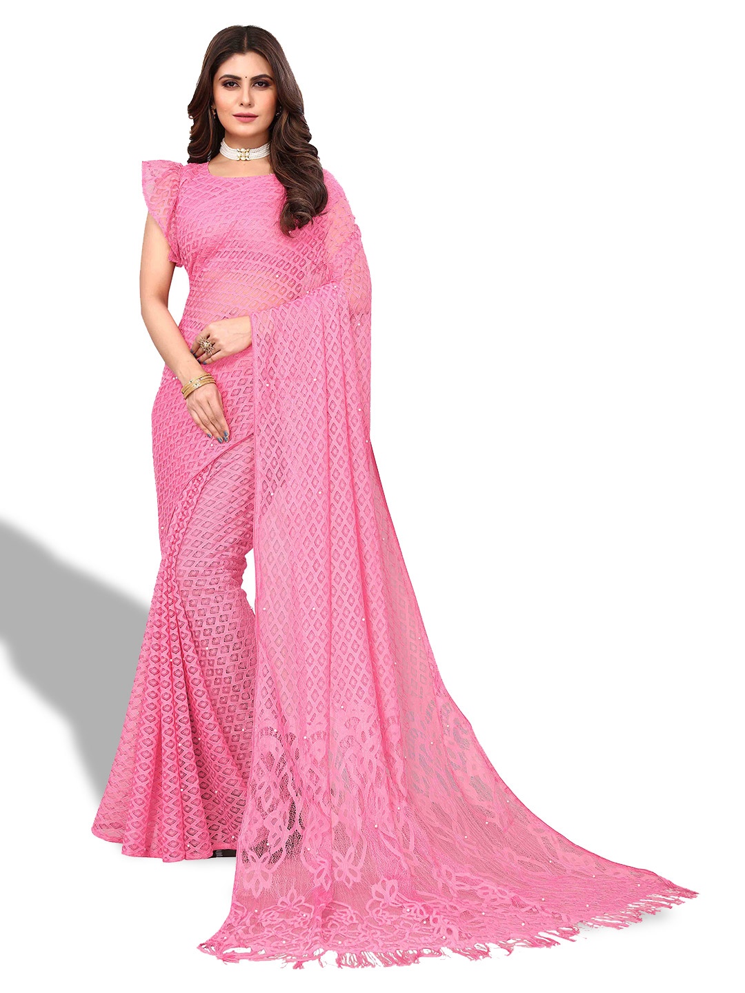 

MAGMINA Woven Design Checked Net Banarasi Saree, Pink