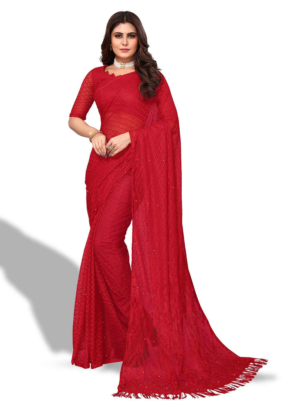 

MAGMINA Woven Design Checked Net Banarasi Saree, Red