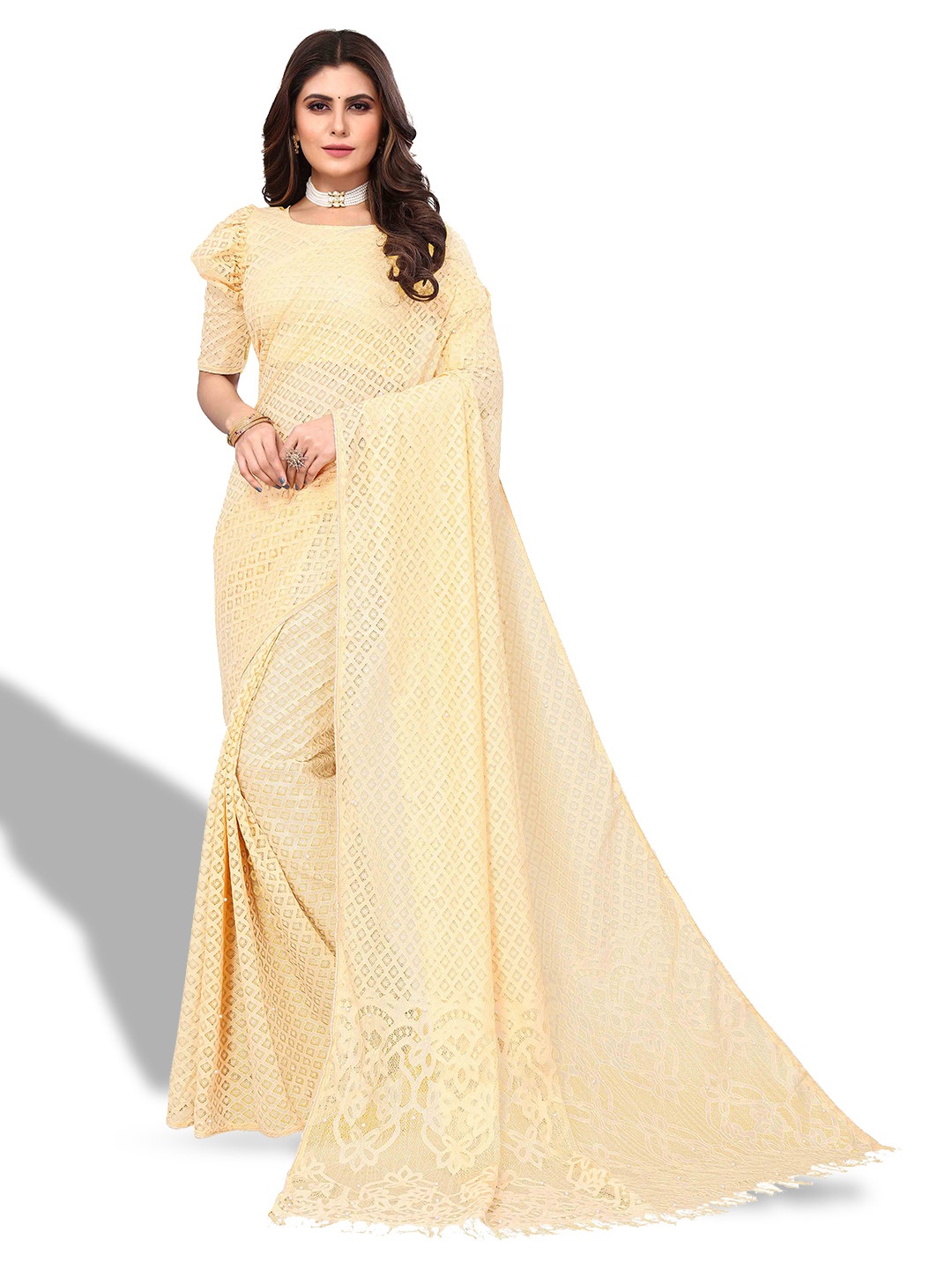 

MAGMINA Woven Design Checked Net Banarasi Saree, Cream