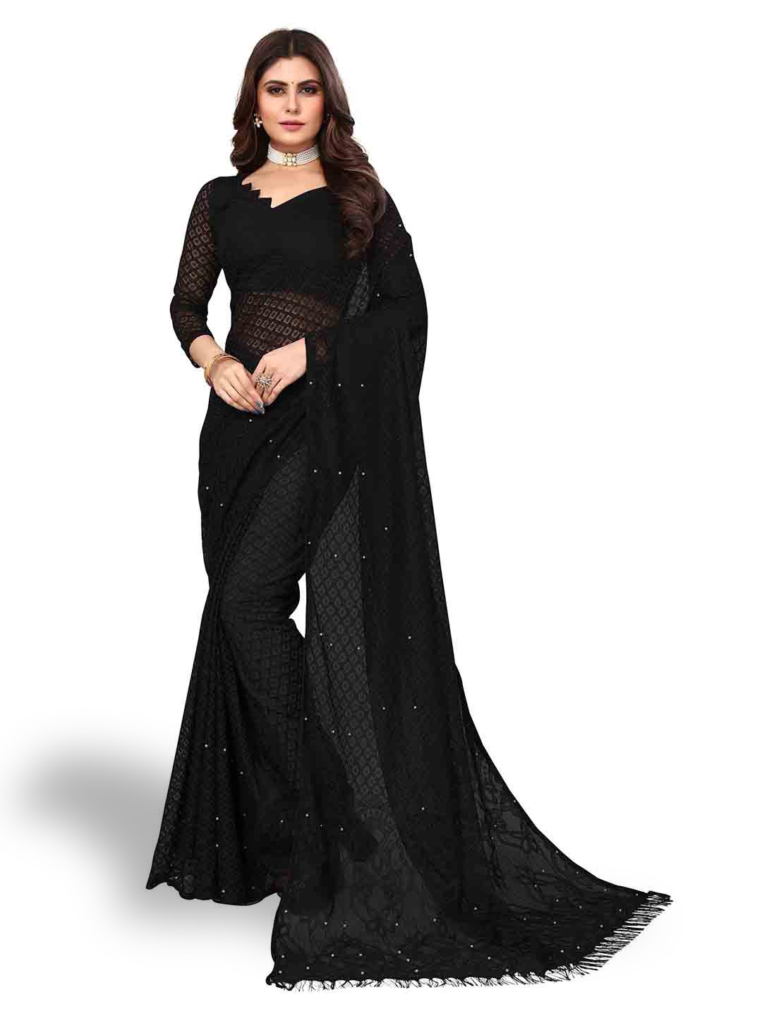 

MAGMINA Woven Design Checked Net Saree, Black