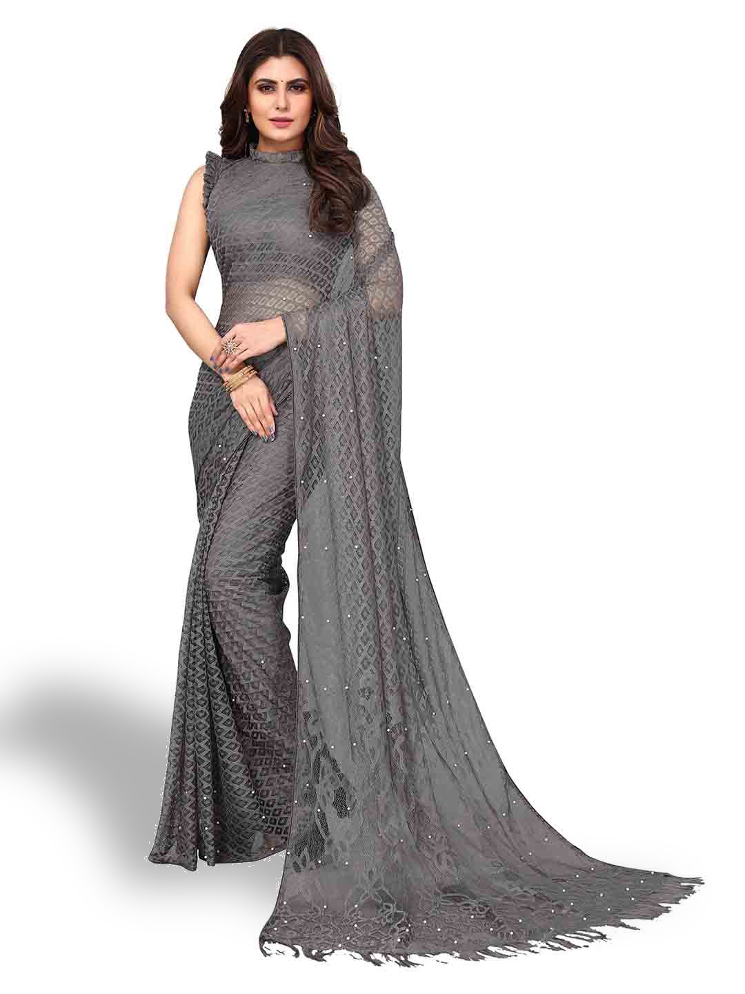

MAGMINA Woven Design Checked Net Banarasi Saree, Grey