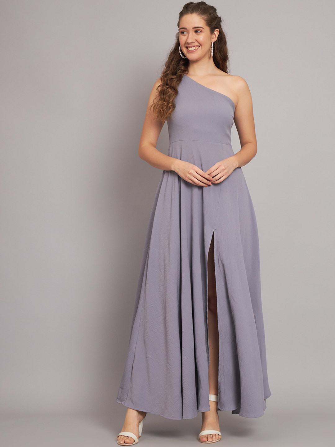 

The Vanca Grey One Shoulder Side Slit Maxi Dress