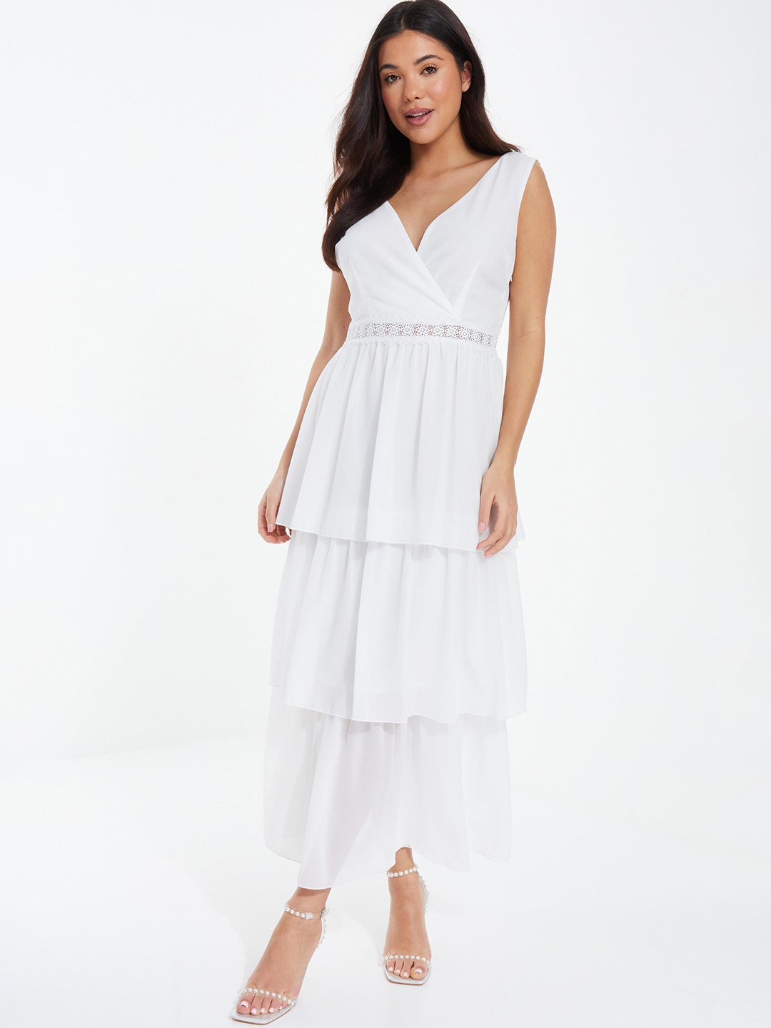 

QUIZ Solid V-Neck Layered Chiffon Maxi Dress, White